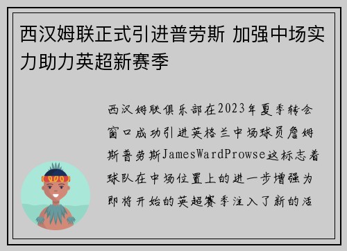 西汉姆联正式引进普劳斯 加强中场实力助力英超新赛季
